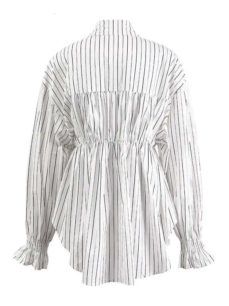 DEAT 2025 Spring Fashion Womens Stripe Shirt Denim Spliced Single Breasted Waist Retraction Patchwork Slim Blouse CPG1315 250523