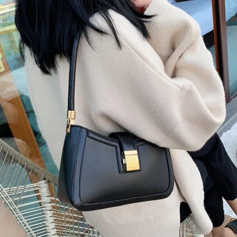 Shoulder Bags for Women Solid Color PU Leather Trend Lock Handbags Small Purse Hand Lady Zipper Clutch 250526
