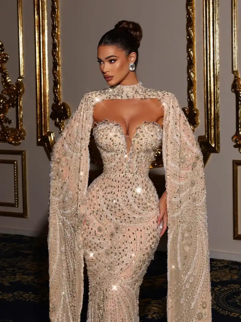 Luxury Mermaid Prom Dresses With Pearls Sequins Zipper Floor Length Plus Size Custom Made Shining Party Dress Vestido De Noite