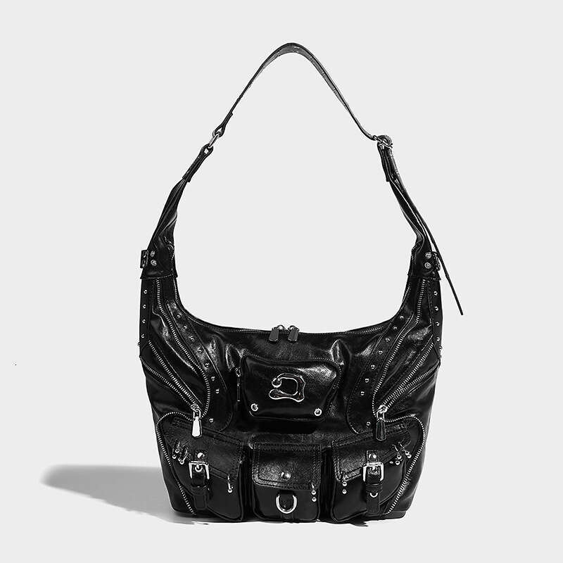 Sweet Cool Spicy Girl Fashion Versatile Single Shoulder Underarm Motorcycle Bag Heavy duty Rivet Multi Pocket Design Large Capacity Handbag