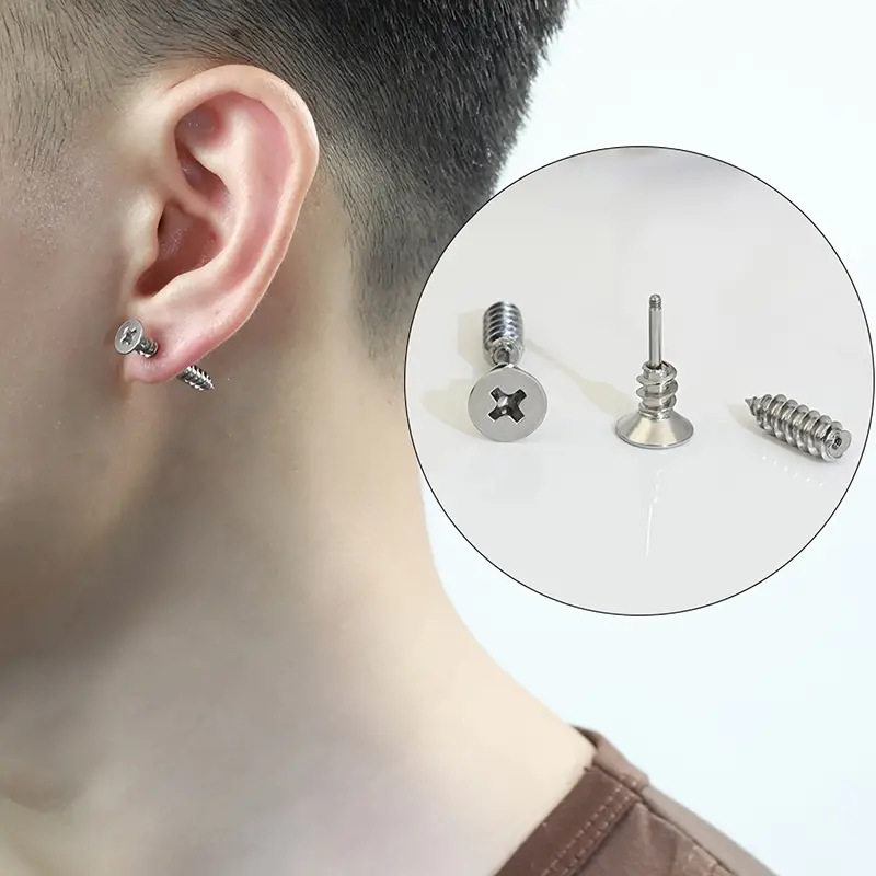 Stainless Steel Wood Screw Stud Earring for Men Youth Titanium Steel Man Cross Piercing Earring Ear Studs Nice Jewelry Gift Wholesale Price 1 PCS