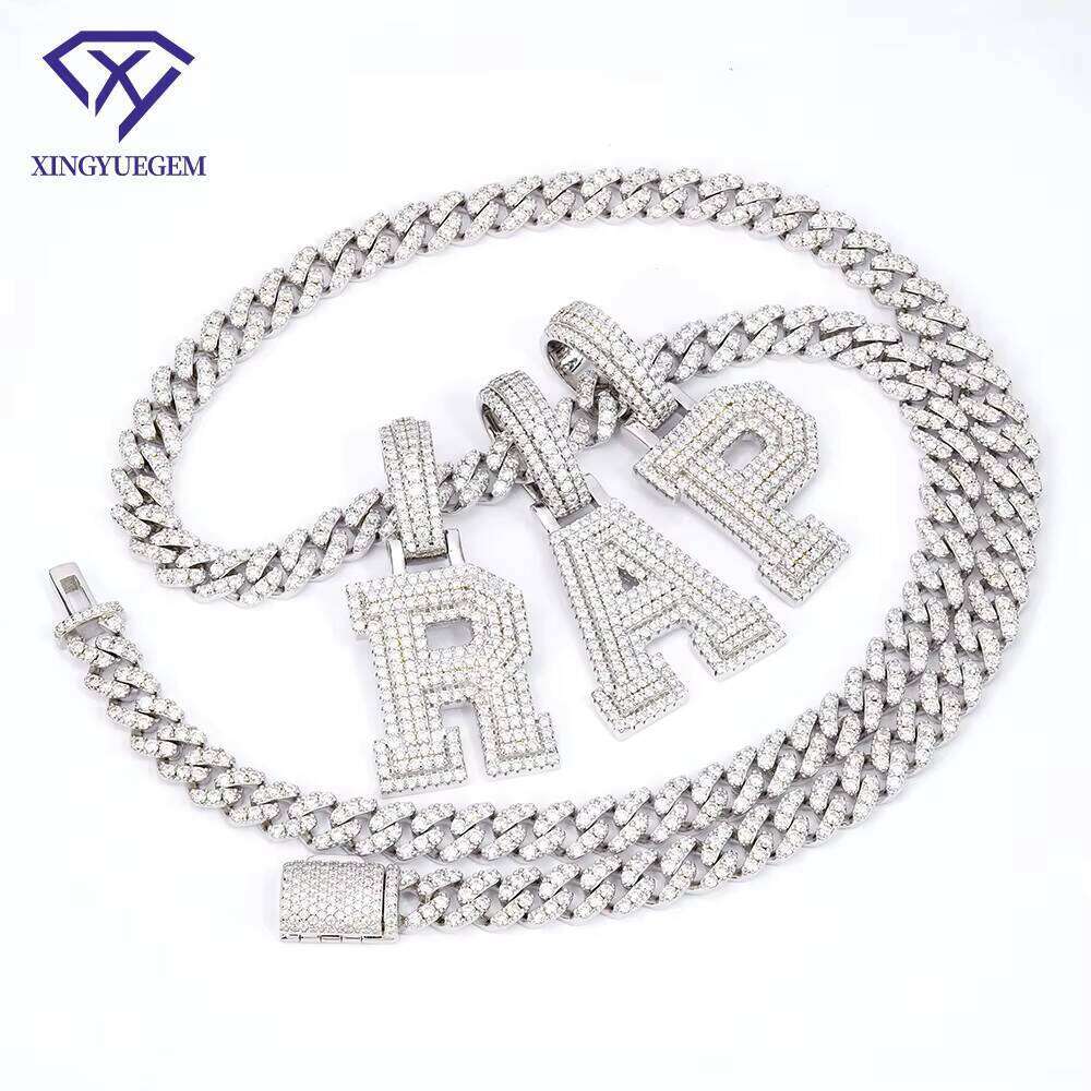 Wholesale Hip Hop Jewelry Sterling Sier Iced Out Mossanite Moissanite Necklace Chain A-Z Initial Letter Pendant for Men