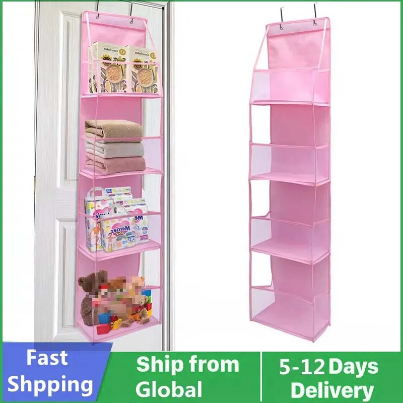 4 Layer Pink Storage Bag Foldable Hanging Organizers for Bathroom Behind The Door Snacks Toys Clothes Storage Holder Accessories 250526