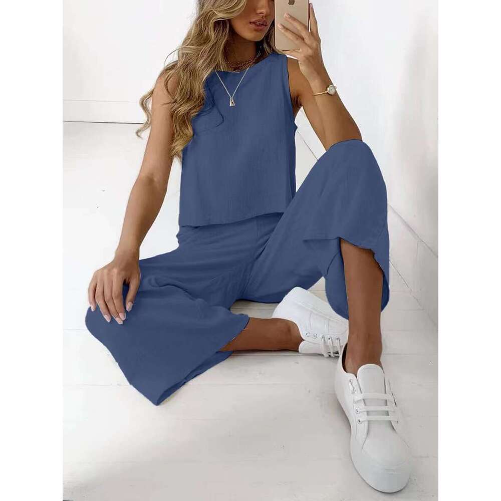 2025 New Cotton Linen Women's Summer Casual Sleeveless Top Wide-leg Pants Two-piece Set