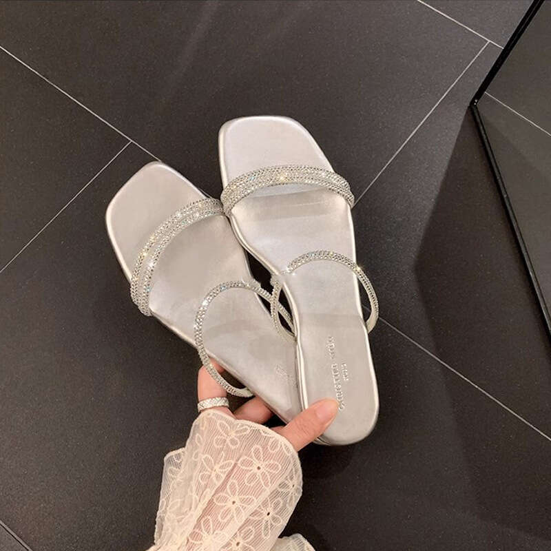 Su Yinyin Same Style ~ Silver Star Sparkling Square Toe Rhinestone Strap Flat Sandals for Women Outdoor Summer Slippers