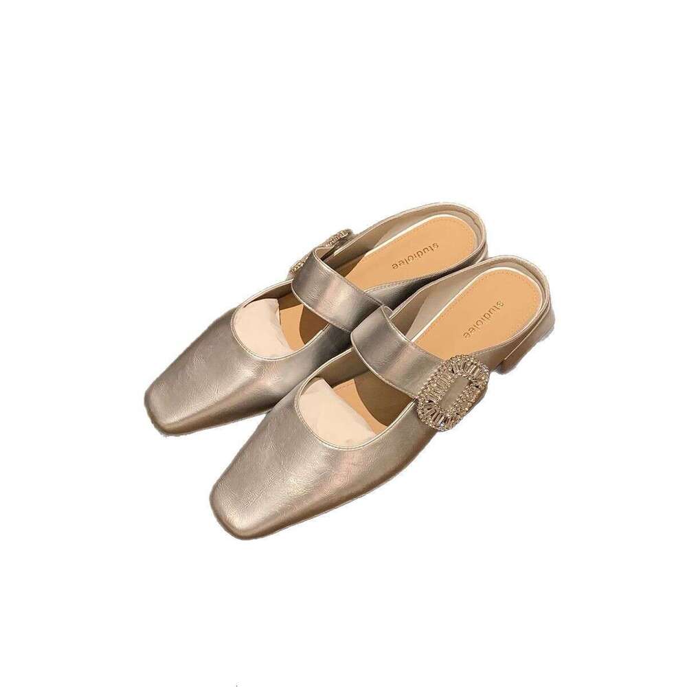 Grape Mom Summer New Style Sparkling Rhinestone Buckle Small Square Toe Wide Strap Commuter Versatile Low Heel Elegant Half Mules for Women
