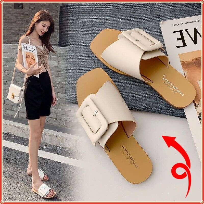 Square Buckle Sandals For Women's Outdoor Wear 2025 New Semi Slippers For Women Flat Bottomed Designer Sandals Versatile Open Toed Lazy Beach Sho