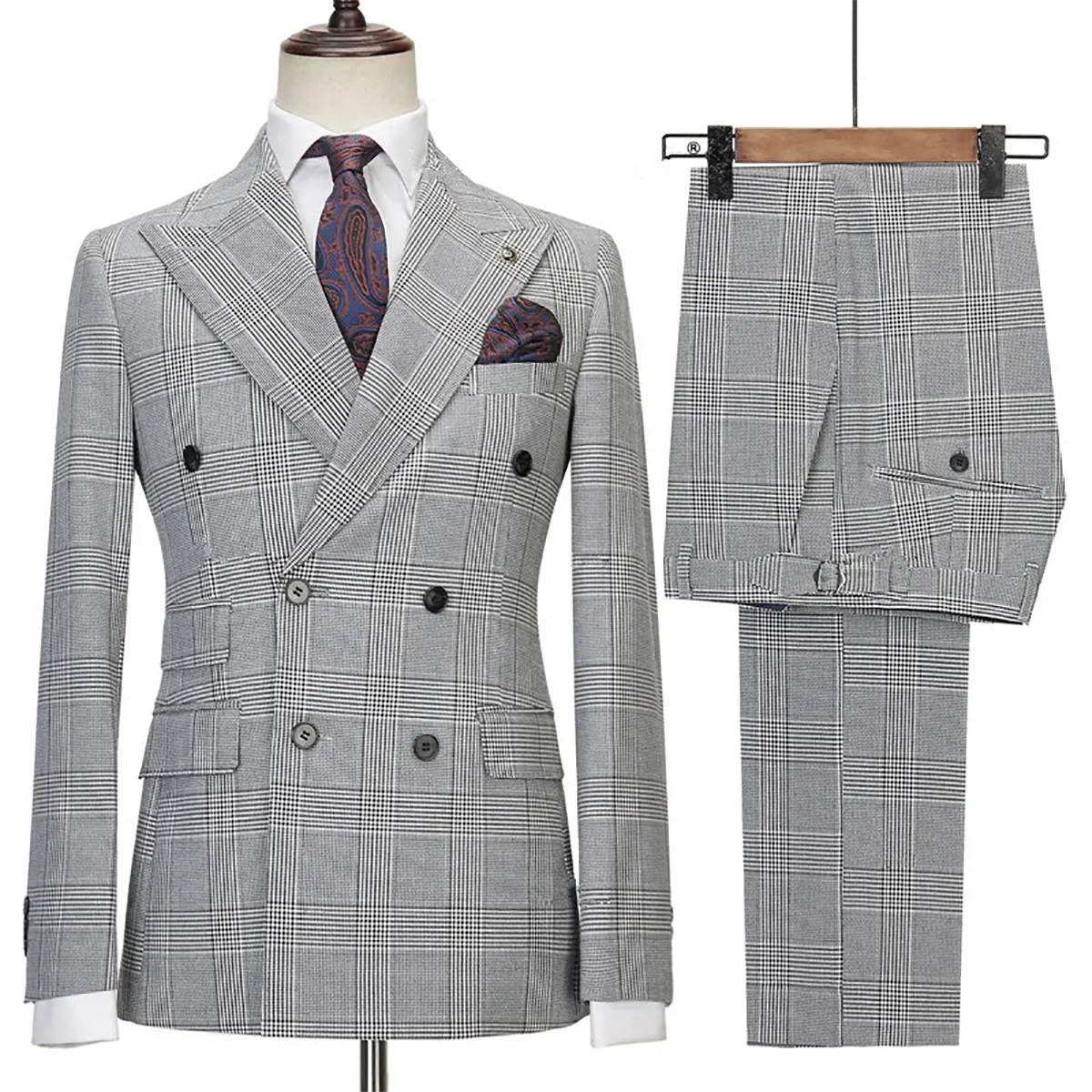 New Fashion Plaid Wedding Suits For Men Double Breasted Groom Wear Slim Fit Tuxedo Business Office 2 Pcs Jacket Pants Custom Made