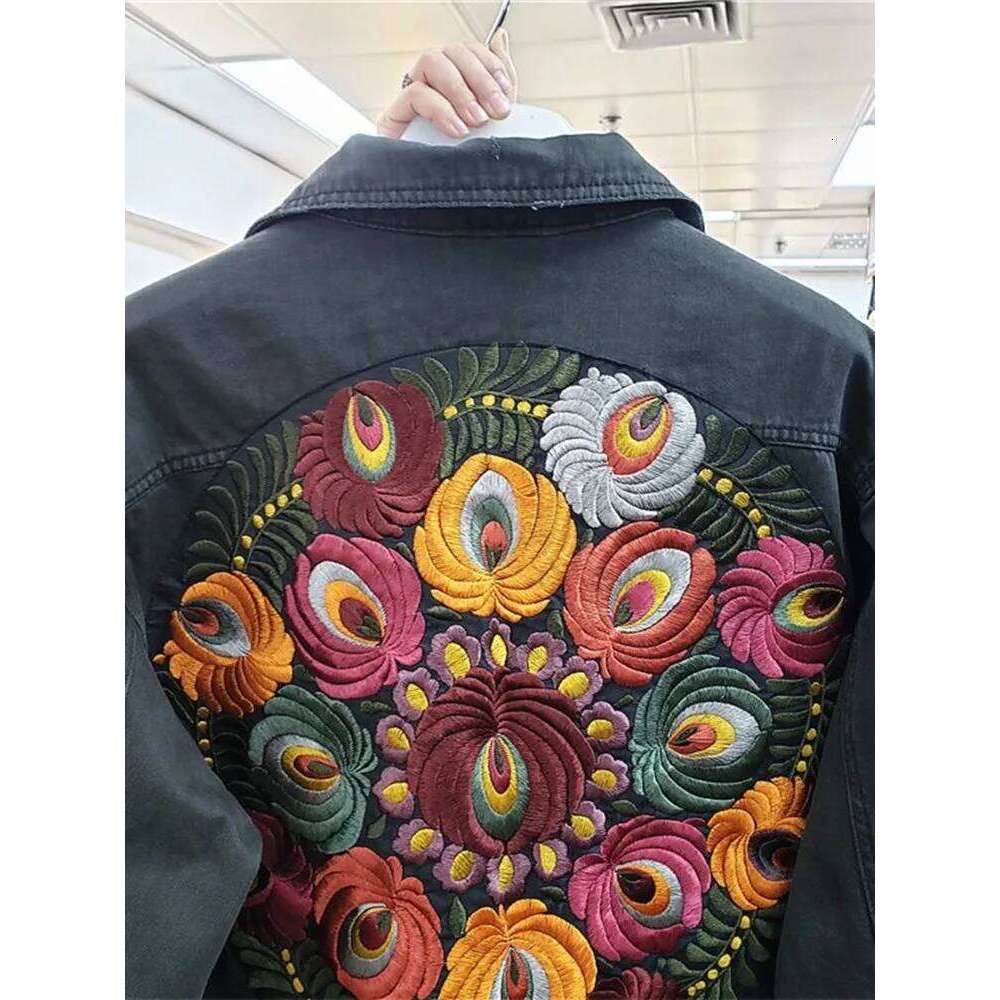 Haruku Fashion Oversized Multicolor Floral Embroidery Denim Jacket Women Cotton Long Sleeve Loose Pocket Black Jean Outwear
