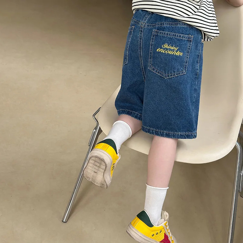 Summer Boys and Girls Casual Korean Embroidered Back Letter Fashion Denim Shorts Children Clothing 250527