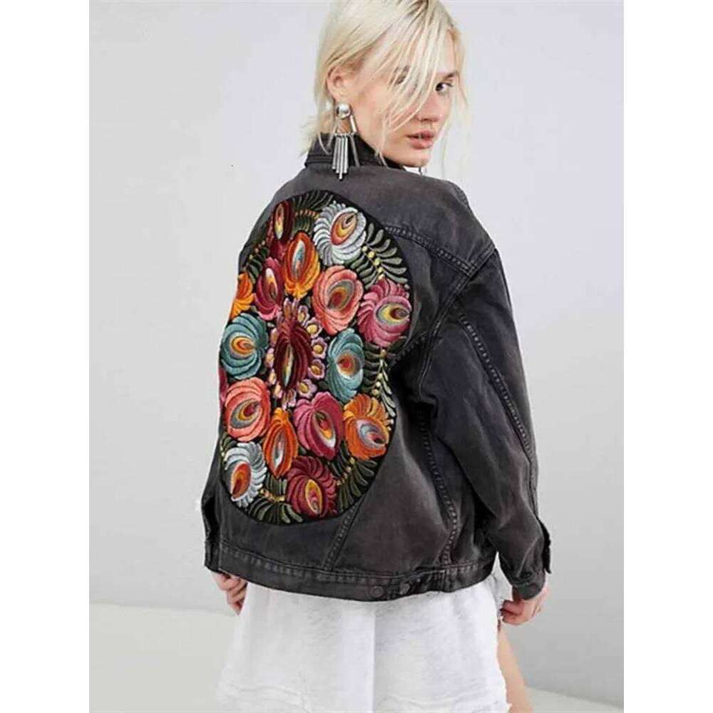 Haruku Fashion Oversized Multicolor Floral Embroidery Denim Jacket Women Cotton Long Sleeve Loose Pocket Black Jean Outwear