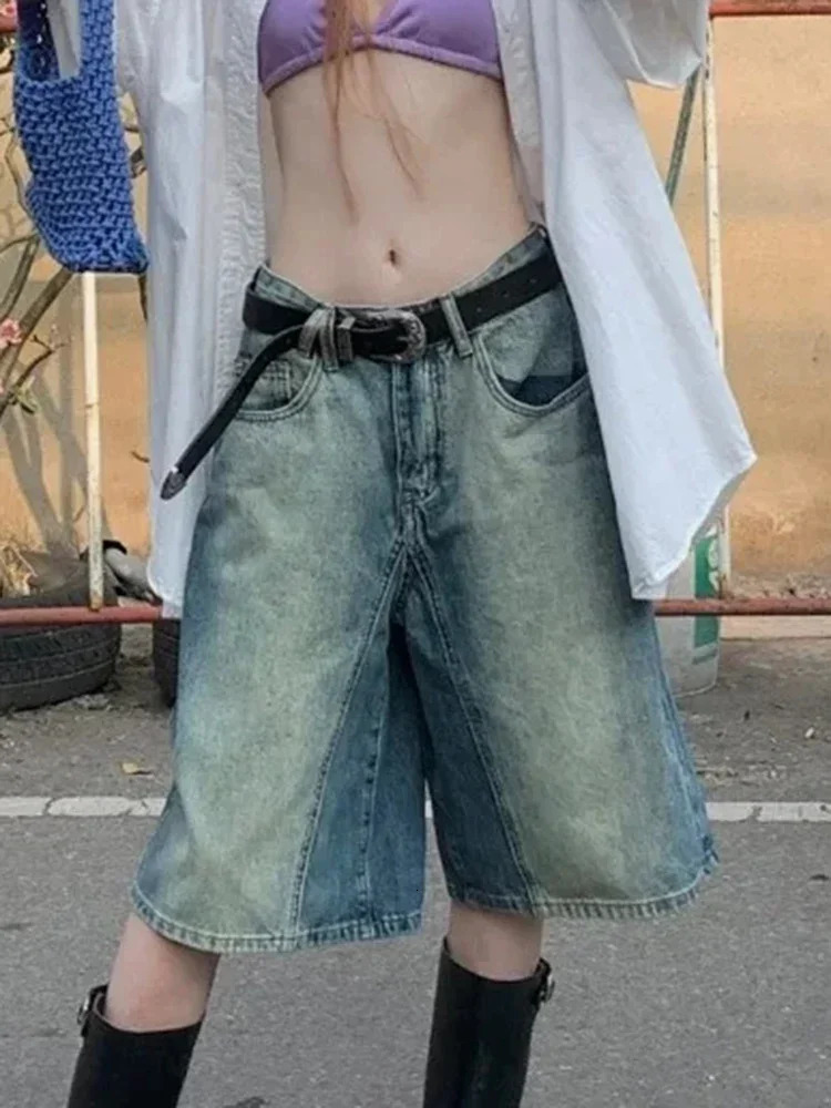 Summer Women Retro Nostalgic Washed Denim Straight Leg Shorts Fashion Street Wear Loose Fitting Womens Versatile Jeans 250516Z