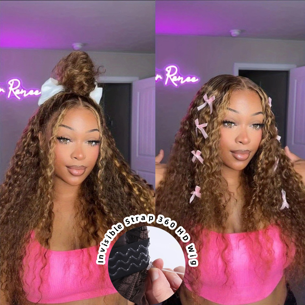 Invisible Strap 360 Full Lace Front Wig Honey Blonde Highlight Deep Curly 360 HD Frontal Wig Deep Wave Glueless Wig Human Hair