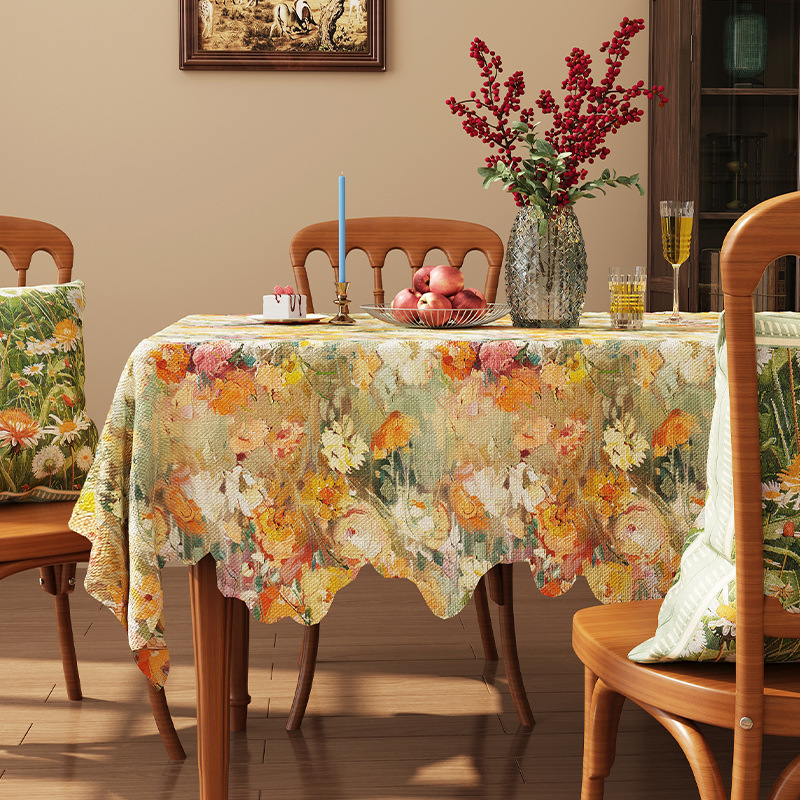 A650 American retro romantic oil painting style tablecloth linen fabric waterproof coffee table cloth pastoral style high-grade jacquard cover cloth