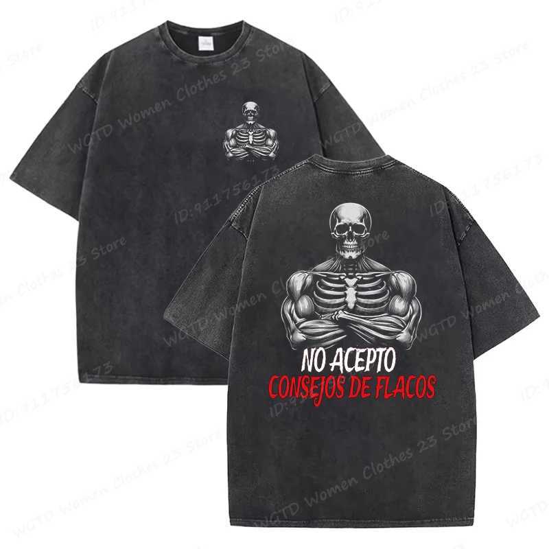 Calacas Chidas Gym Washed T-Shirts Mens Trendy Cool Skeleton Gym Print Oversized T-shirt Summer Tees Streetwear Casual Tops Z250527