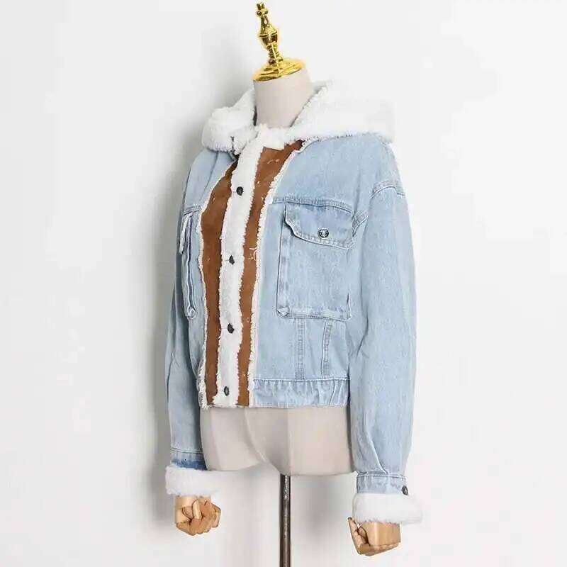HKSH Trendy Lamb Wool 2024 Spring Autumn Winter New Women's Tide Splicing Personalized Single Breasted Short Denim Coat Hk3120