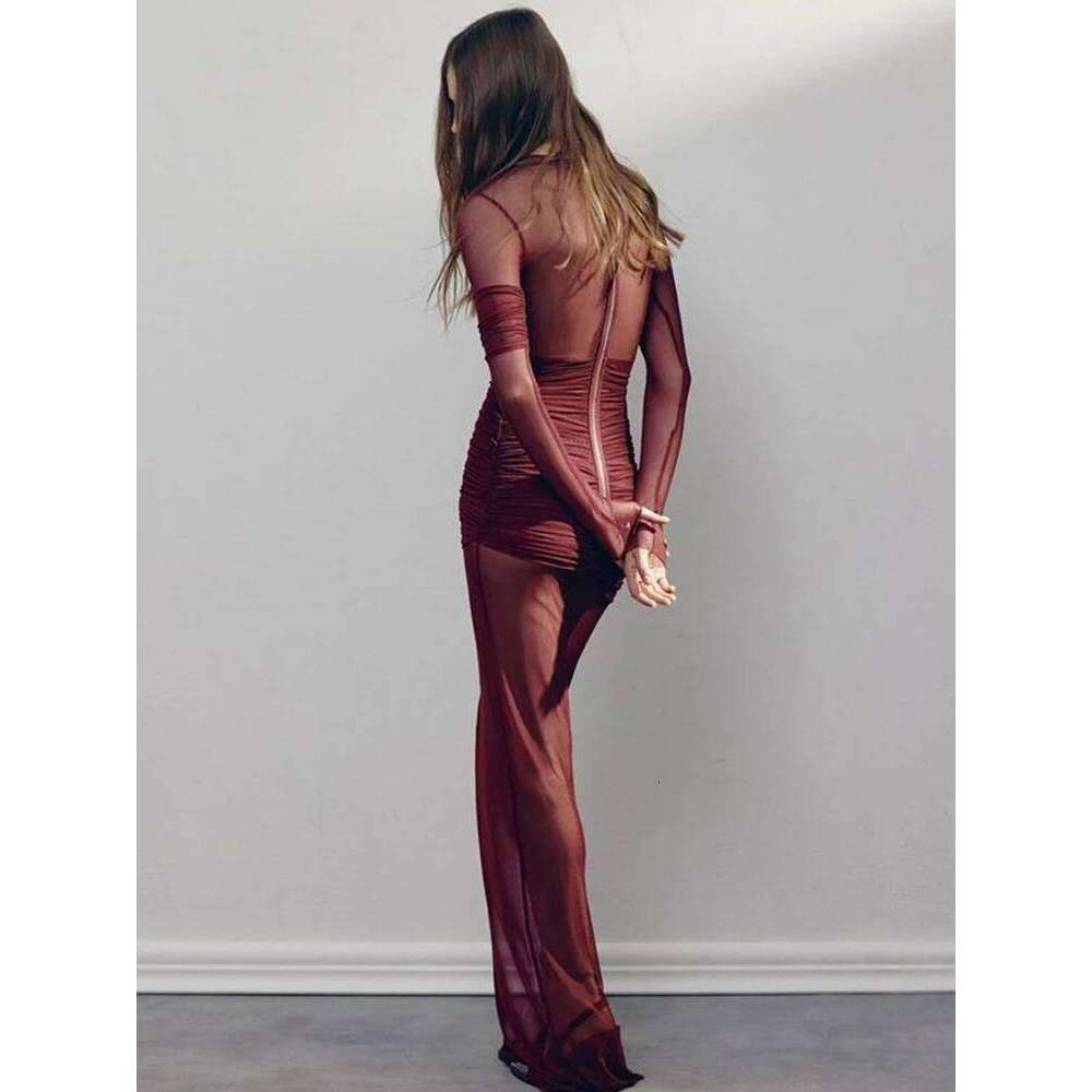 Sibybo Mesh Patchwork Sheer Maxi Dress For Women Sexy Ruched Long Sleeve Bodycon Party Club Evening Dresses Elegant Vestido Robe