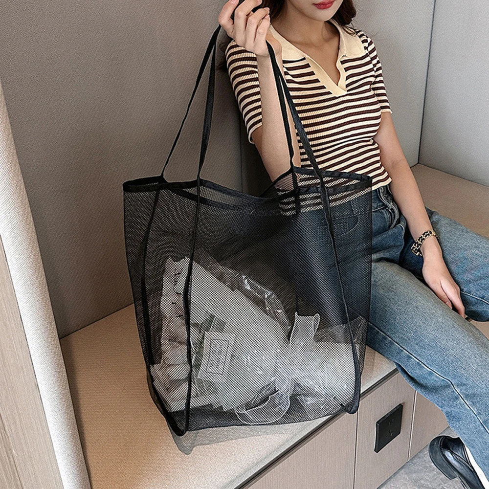 Transparent Mesh Storage Bag Shoulder Bag Fashionable Lightweight Large Capacity Versatile Shopping Bag Beach Bag Organize 250526