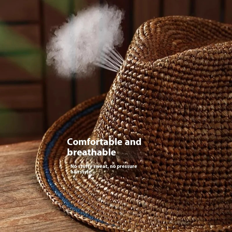 Natural Raffia Jazz Sun Hats Men and Womens Summer Manual Woven Straw HatFashion Sun Protection Sunshade Beach Hat Panama 250526