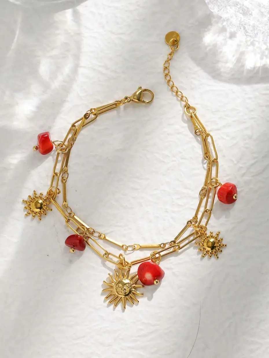 Stainless Steel Red Natural Stone Sun Pendant Double Bracelet Simple Irregular Chain Gold Women Jewelry Birthday Gift W250526