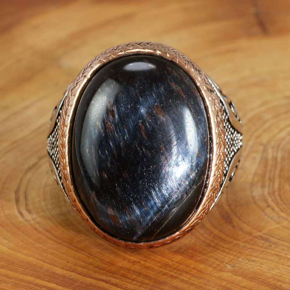 Islamic Religious Muslim Ring for Men Sterling Sier Turkish Double Swords Natural Blue Tiger Eye Punk Wholesale Jewelry