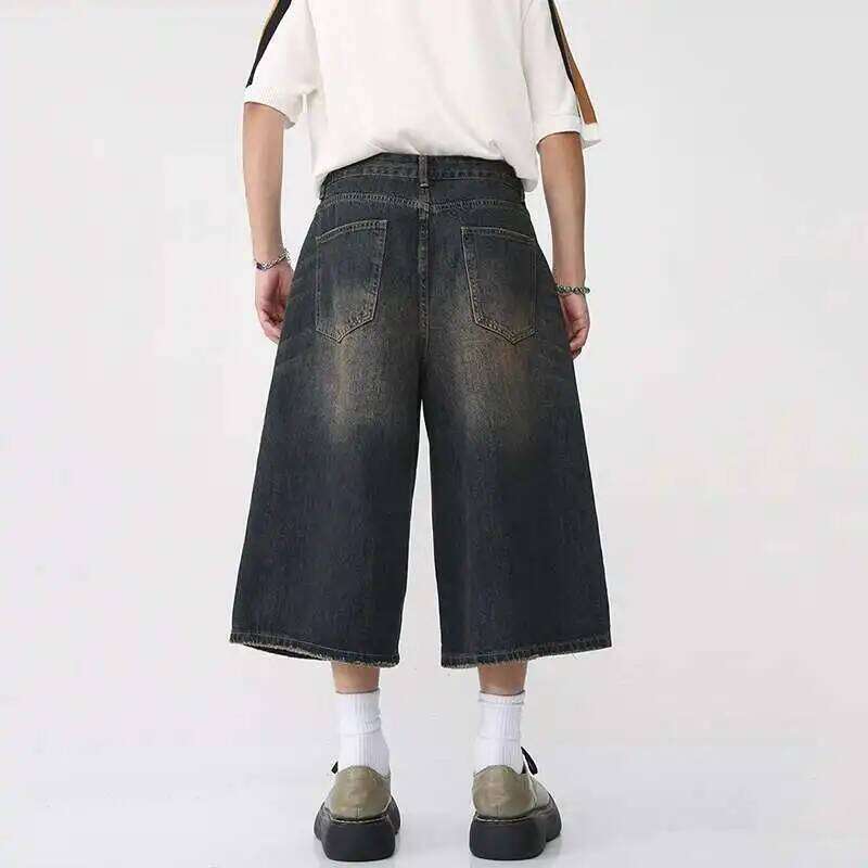 Korean Style Vintage Men's Jeans Summer Loose Male Wide Leg Knee Length Shorts New Washed Fashion Short Denim Pants