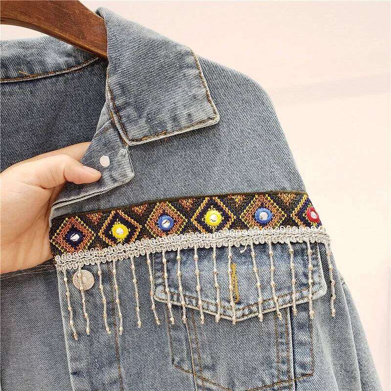 Spring Loose Vintage Ethnic Embroidery Tassel Jeans 2025 New Women Frayed Blue Denim Jacket Long Sleeve Casual Outerwear