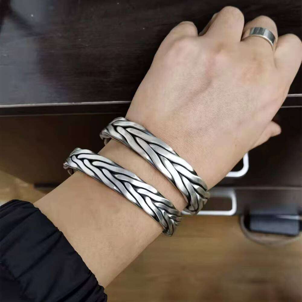 Heavy 999 Sterling Braided Twist Retro Solid Handmade Sier Opening Adjustable Bracelet Men and Women Jewelry