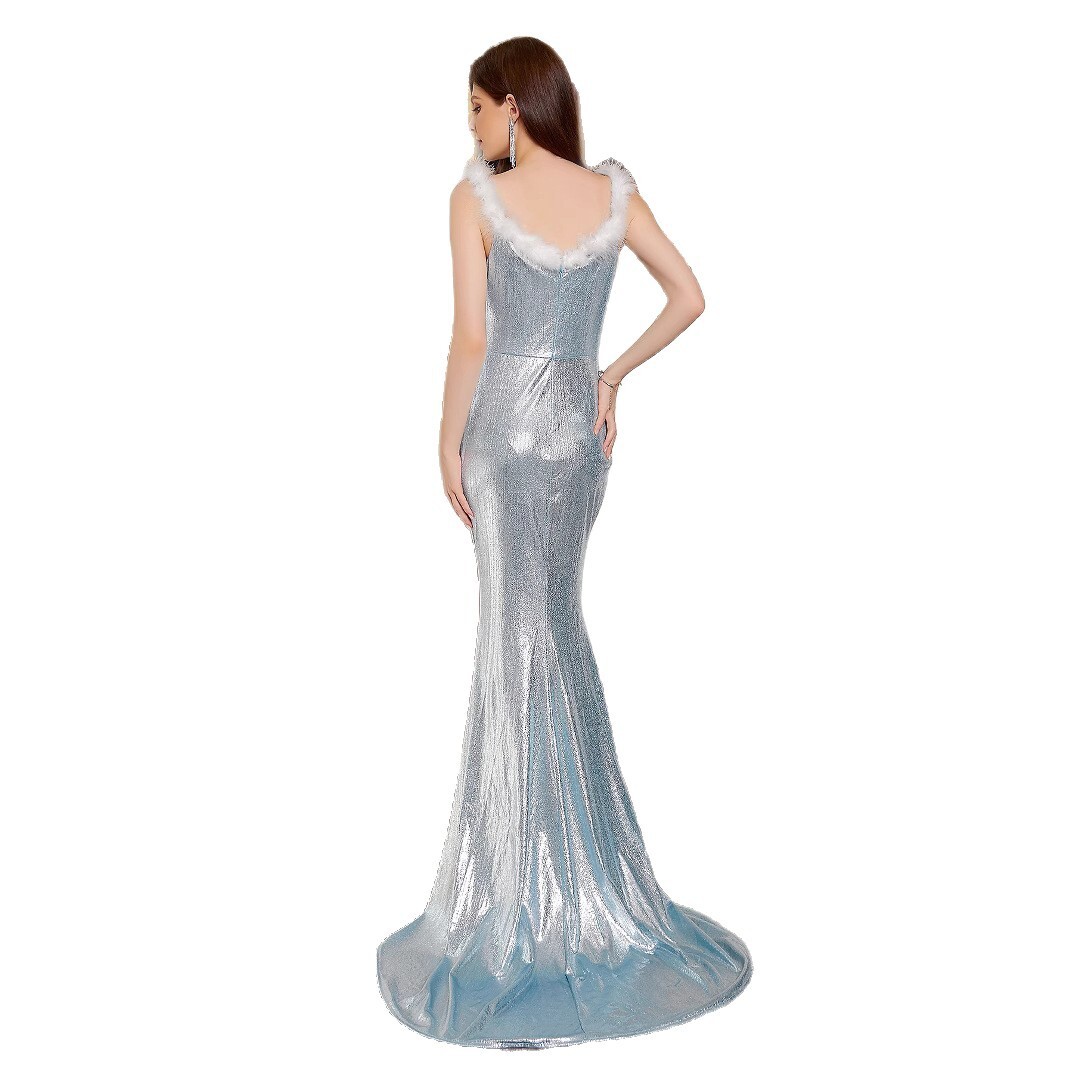 2025 Light Blue Dress Banquet Dress Long Dress Evening Dress New Style