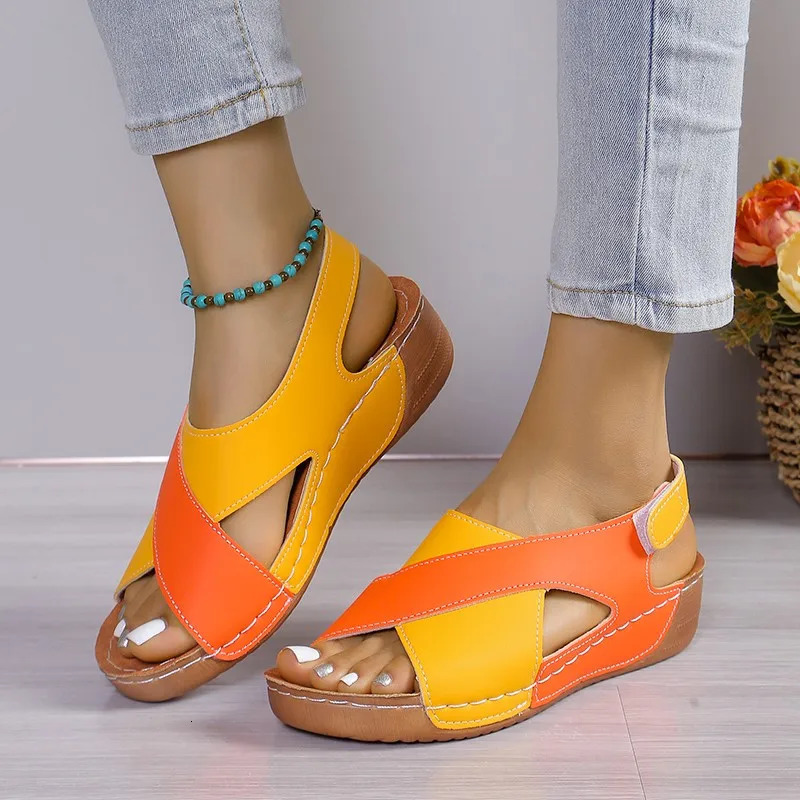 Womens Contrast Color Wedge Sandals Summer Peep Toe Non Slip Beach Shoes Woman Comfortable Platform Roman Sandalias Mujer 250603