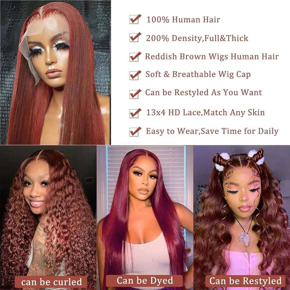 Reddish Brown Ultra-thin Invisible Lace Front Wigs Upgraded Tiny Knot 13x4 Straight Frontal Human Hair Wig For Women