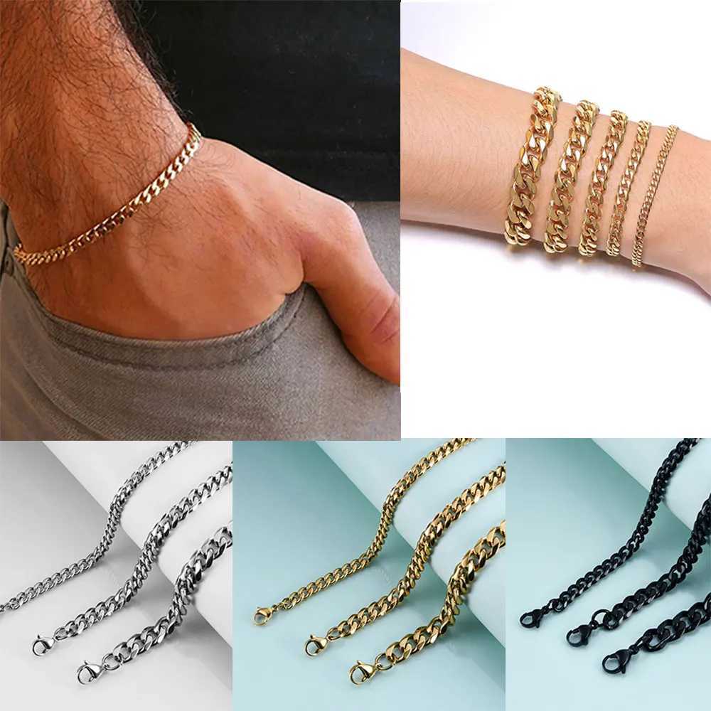 New 3-11mm Men Women Stainless Steel Curb Cuban Link Chain Bracelets Silver Color Black Gold Bracelet Jewelry Gift Accessories W250526