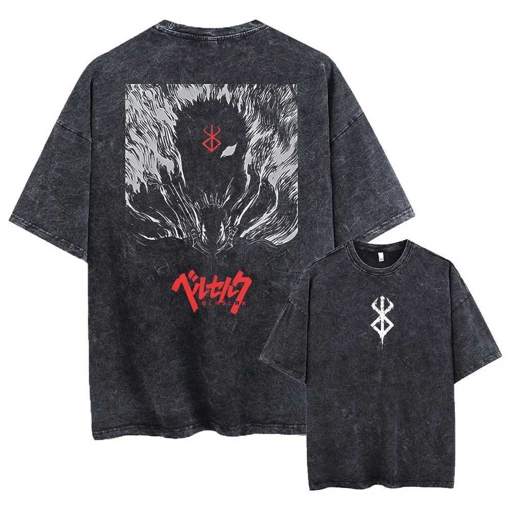 Anime Berserk Guts Acid T-shirt Retro Vintage Washed Graphic Tees Men Harajuku Cotton Casual Short Sleeve T-shirt Tops Unisex Z250527