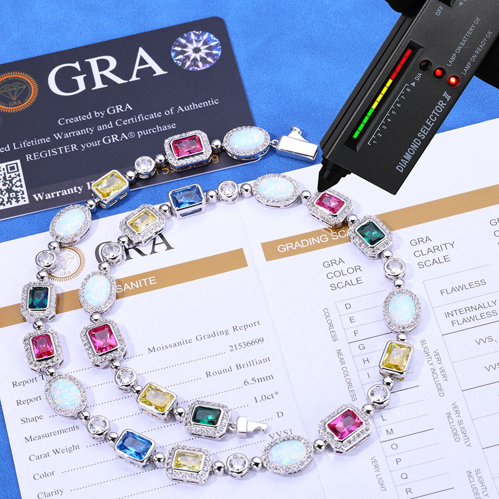 Jewelry designer rainbow geometric glittering Mosan necklace multicolor round oval gemstone platinum electroplating necklace unisex free distribution.