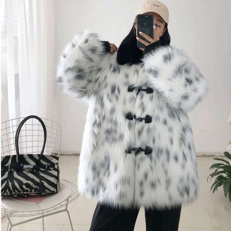 2024 Winter Warm Horn Button Black Turn-Down Neck Plush Jacket Women Faux Fox Fur Leopard Cardigan Ladies Long Sleeve Thick Coat