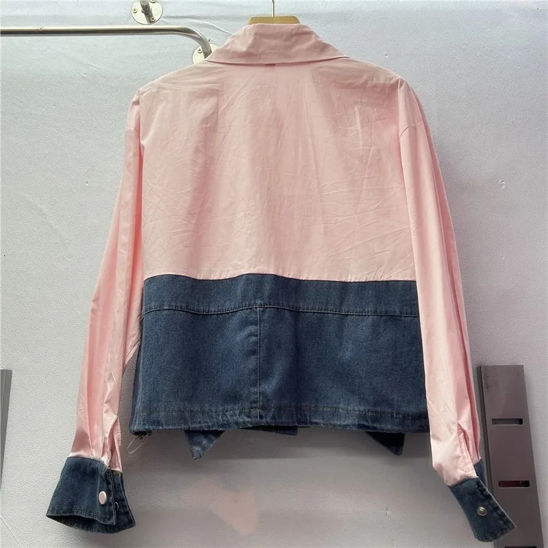 DEAT Womens Shirt Loose Patchwork Denim 3d Bow Single Breasted Drawstring Short Loose Blouse Summer 2025 Fashion 29L9126 250523
