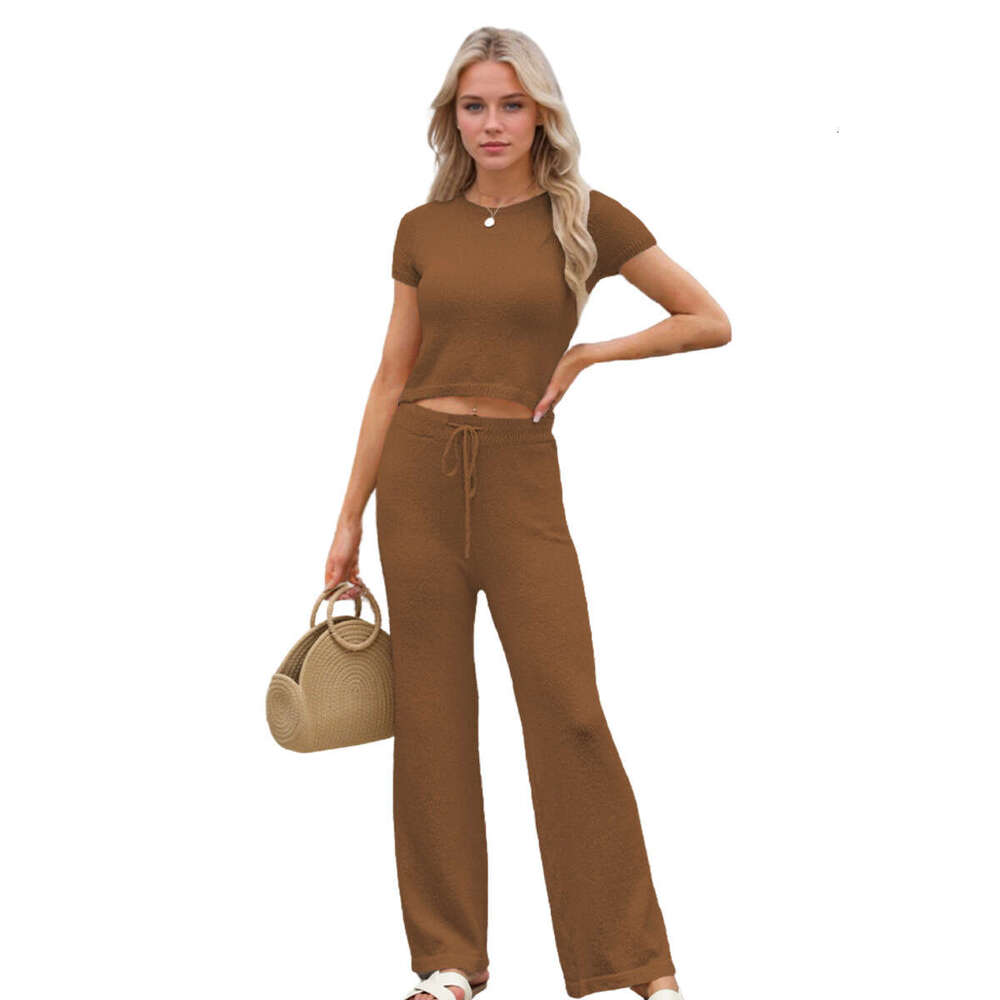 2025 New Spring Summer Temu Women's Casual Fashion Knitted Solid Color Set