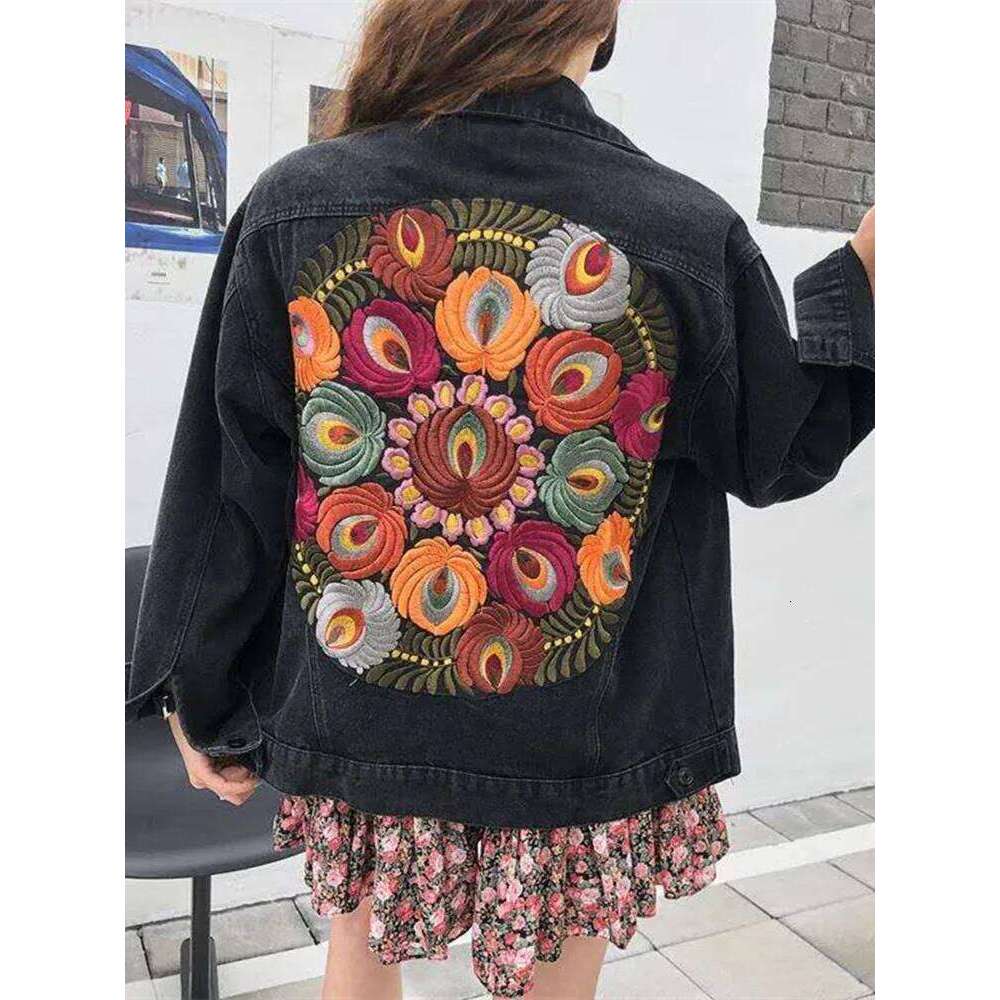 Haruku Fashion Oversized Multicolor Floral Embroidery Denim Jacket Women Cotton Long Sleeve Loose Pocket Black Jean Outwear