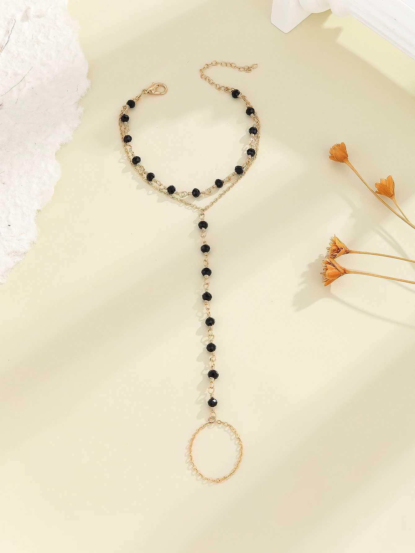 Black Beads Link Chain Bracelets Connected Finger Ring Bangle For Women Girls Bohemia Double Layer Chain Bracelet Party Jewelry W250526