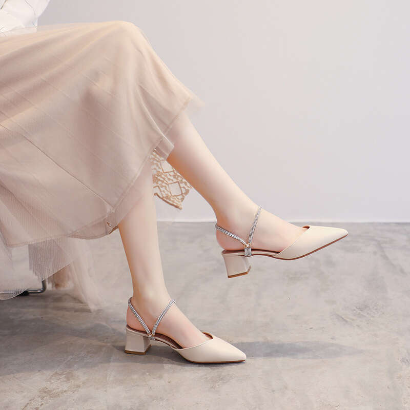 2025 New Spring Summer Closed-Toe Sandals Women, Mid-Heel Chunky Heel Fairy Style Fashion Rhinestone Two-Way Wear Slippers for Women