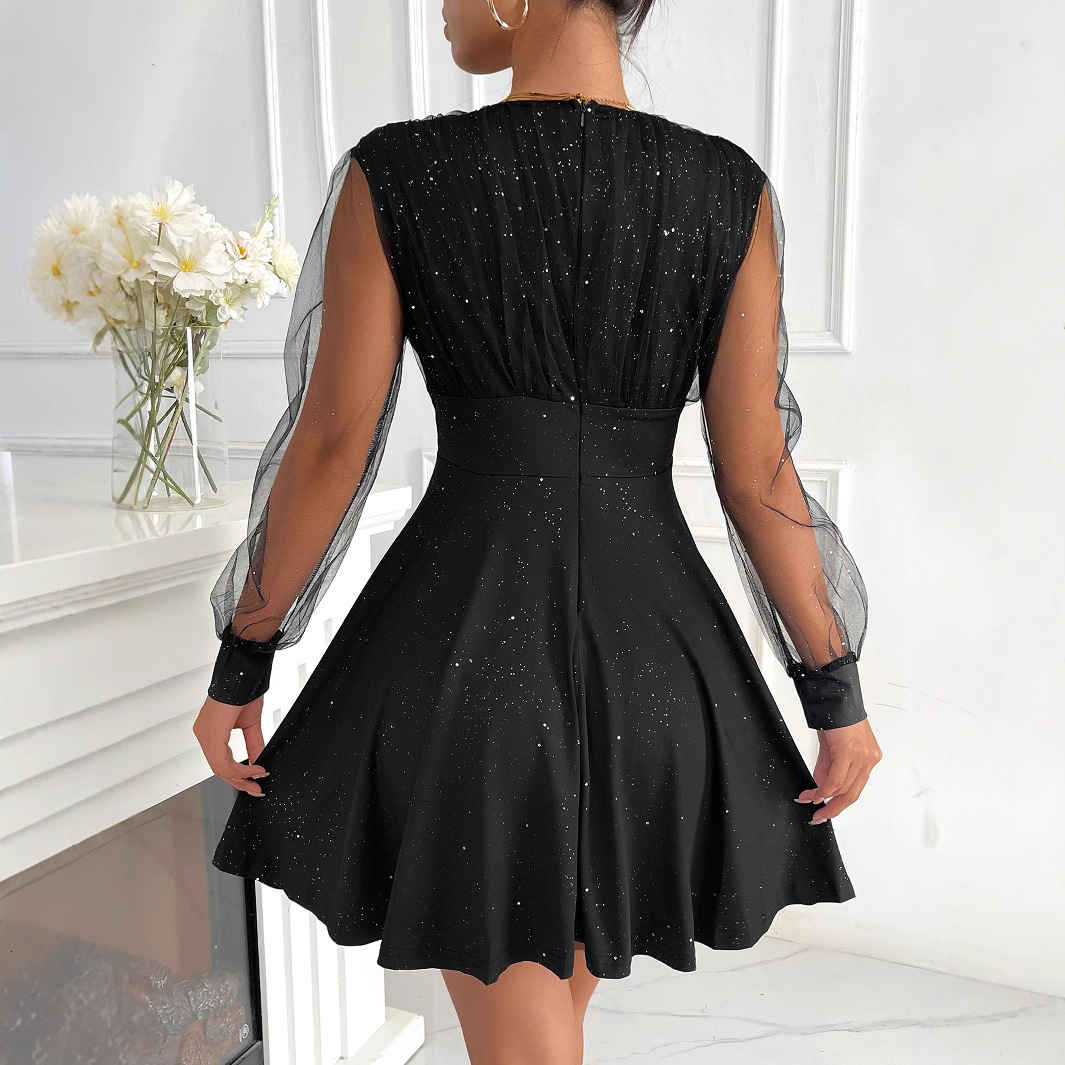 Dress female sexy slim fit mesh long sleeved sequined short skirt