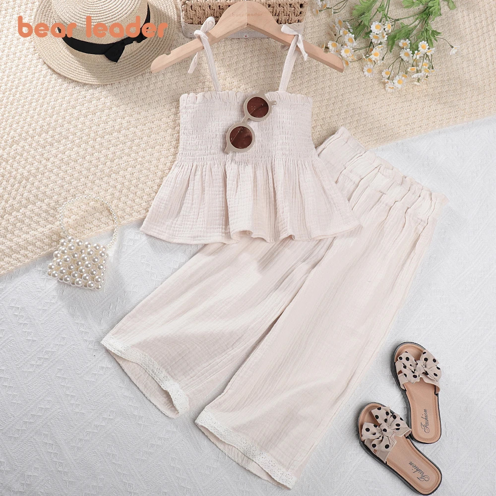 Bear Leader Korean Children Kids Clothing Set Girls Summer Organic Cotton Camisole Top Lace Wide Leg Pants Trousers Outfits 250527