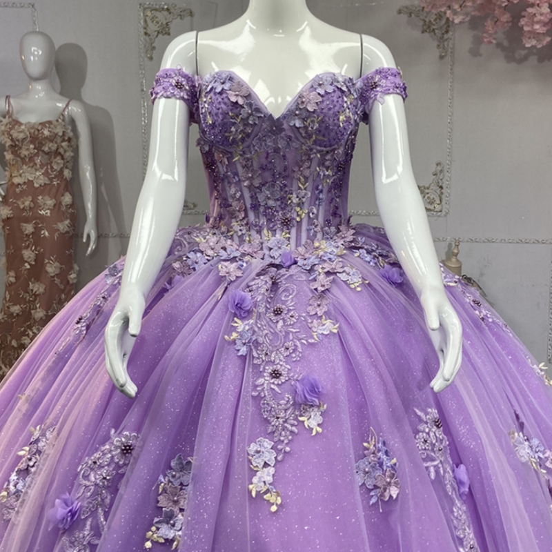 Light Lilac Quinceanera Dresses Ball Gown Off The Shoulder Applique Flowe Beading Tull Party Birthday Sweet 16 Dress Vestidos 15 Anos