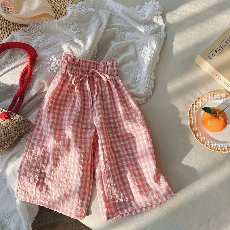 Childrens Summer Straight Pants Plaid WideLegged NineMinute Girls Fine Bud Waist Dress Casual 250527
