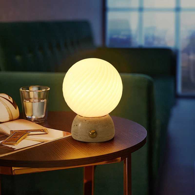 Wholesale Restaurant Decoration Cordless Travertine Table Lamp Battery Operated Bar Rechargeable Table Lamp stone base XJ250527