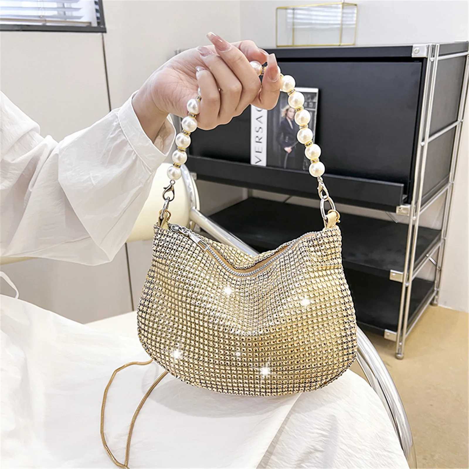 Pearl Full Rhinestone Delicate Handbag Fashion Shiny Gold Party Dinner Bag Shoulder Bag Elegant Silver WomenS Phone Money Purse W250527