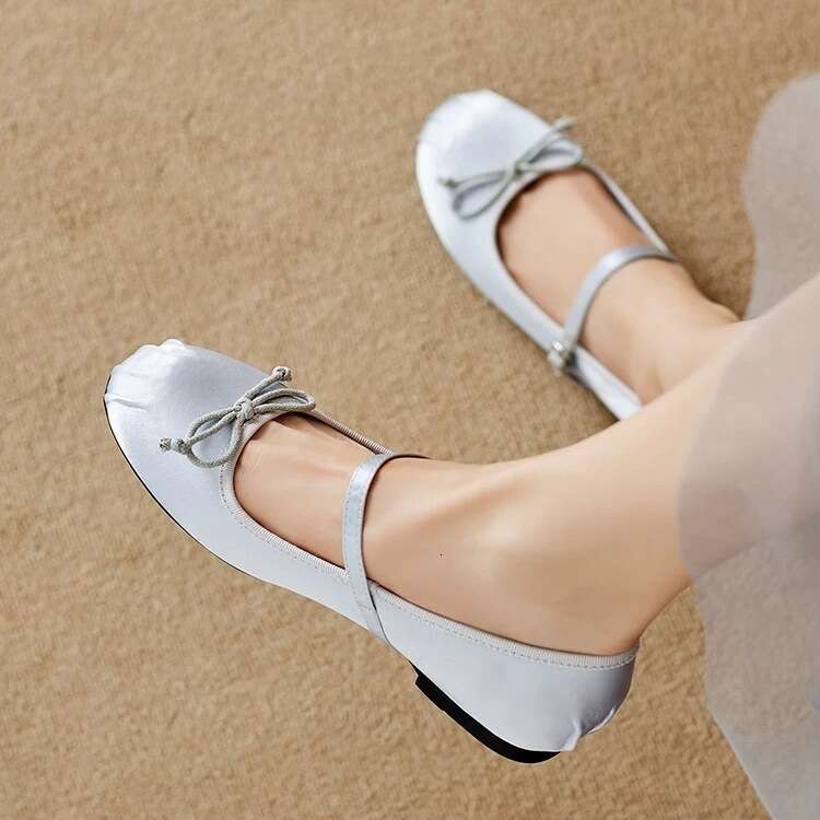 French Mary Jane for Women with Bowknot Fairy Style Slip-On Flat Ballet Genuine Leather Silver Single Shoes