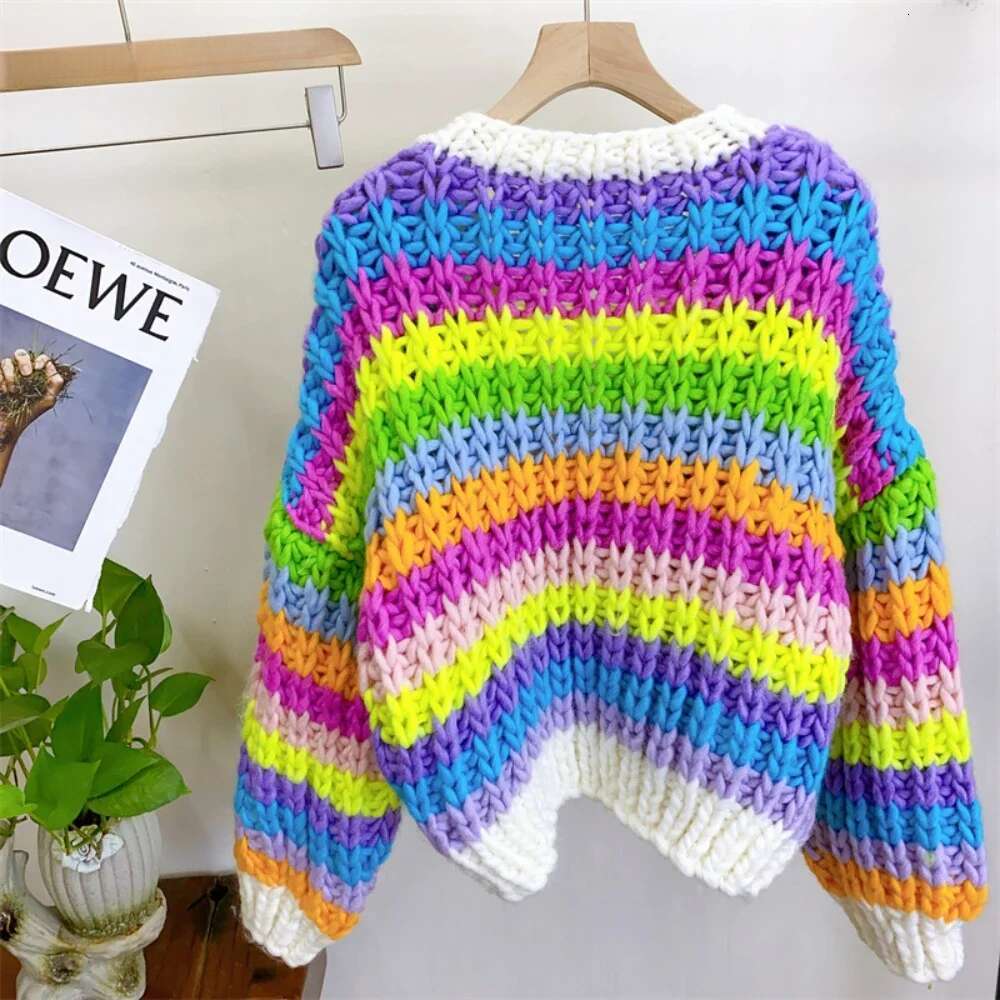 Vintage Women Knit Ribbed Long Sleeve Single Breasted Oversized Cardigan Sweaters Rainbow Tops 2024 Ins Street Outwear