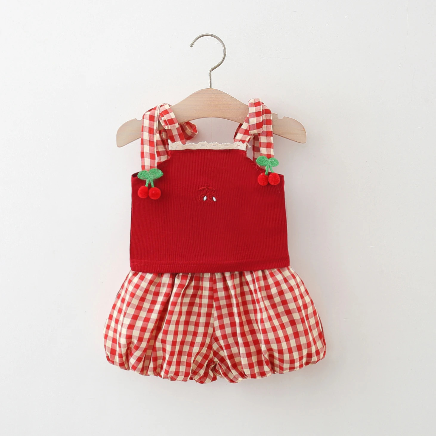 Baby Girl Suit Summer Cherry Plaid Camisole Top Shorts Girls Sweet Beachwear 250527