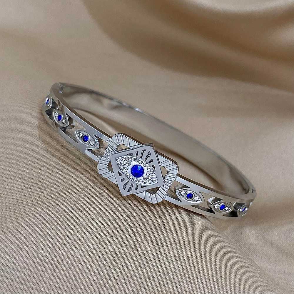 Greatera Turkish Evil Eye Stainless Steel Bangles Bracelets for Women Silver Color Rhinestone Cuff Bracelet Waterproof Jewelry W250526